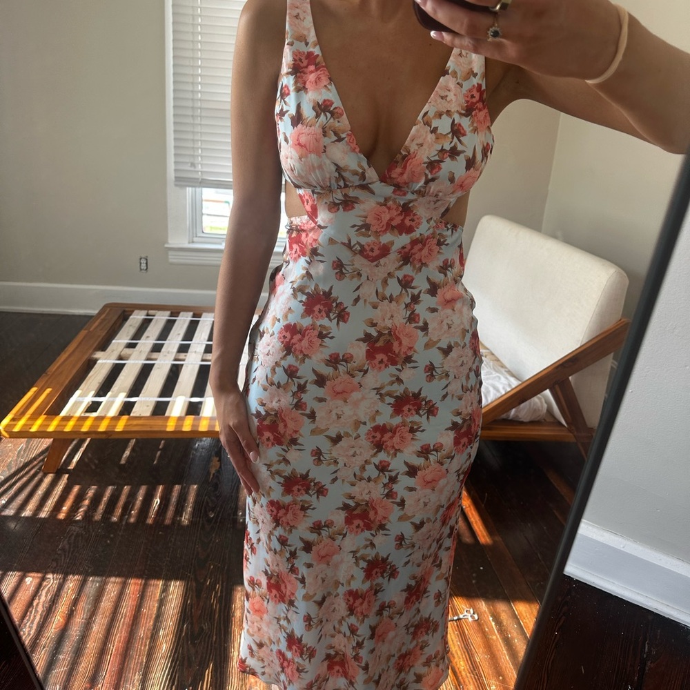 Hello Molly Light Blue and Pink Floral Satin Dress